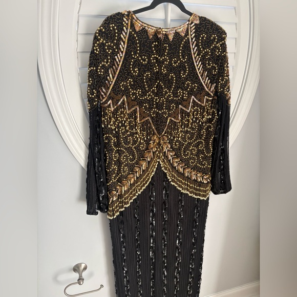 Rosita vintage black silk fully beaded and sequined long-sleeve evening gown 3X - Picture 10 of 16